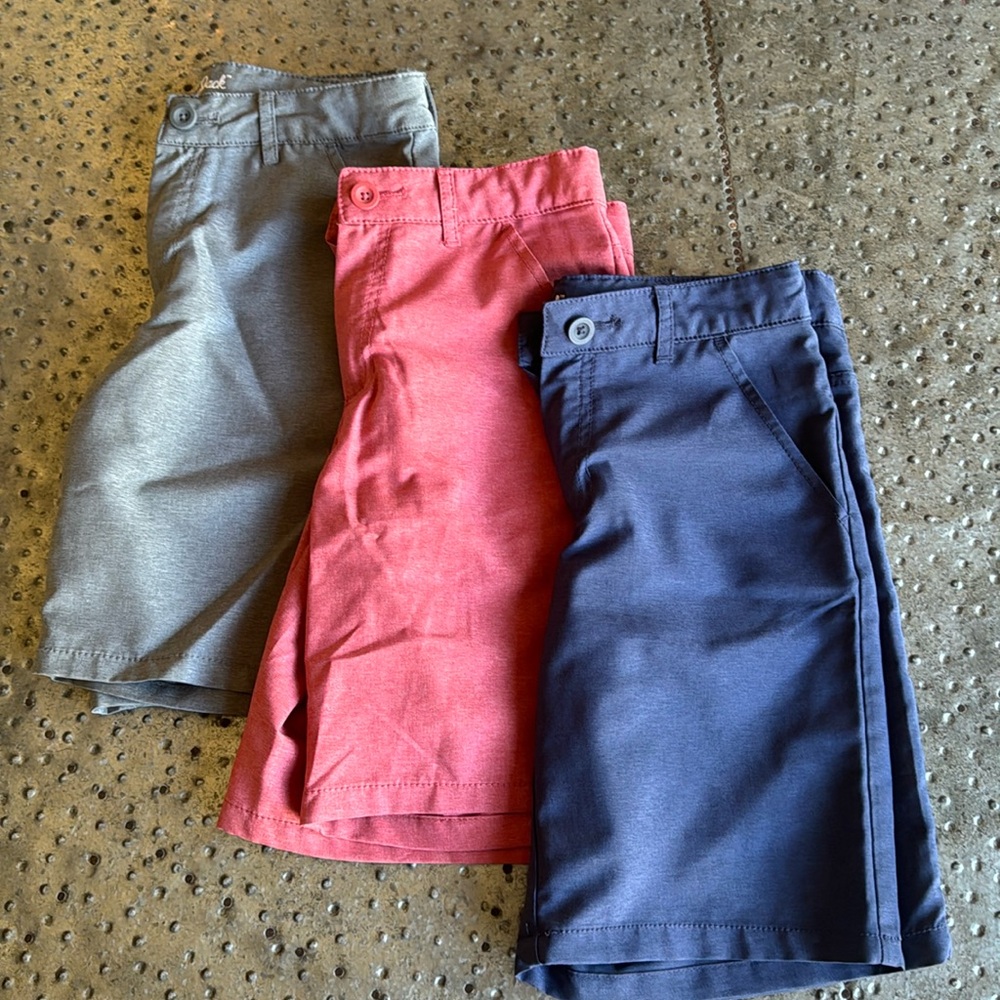 Cat & Jack 3 quick dry flat front shorts bundle in Red, Grey, Blue.